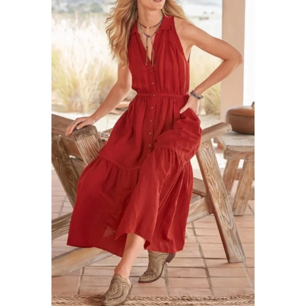 Sundance Linen Blend Button Front Tiered Midi Dress Rust Brick Sz: PL